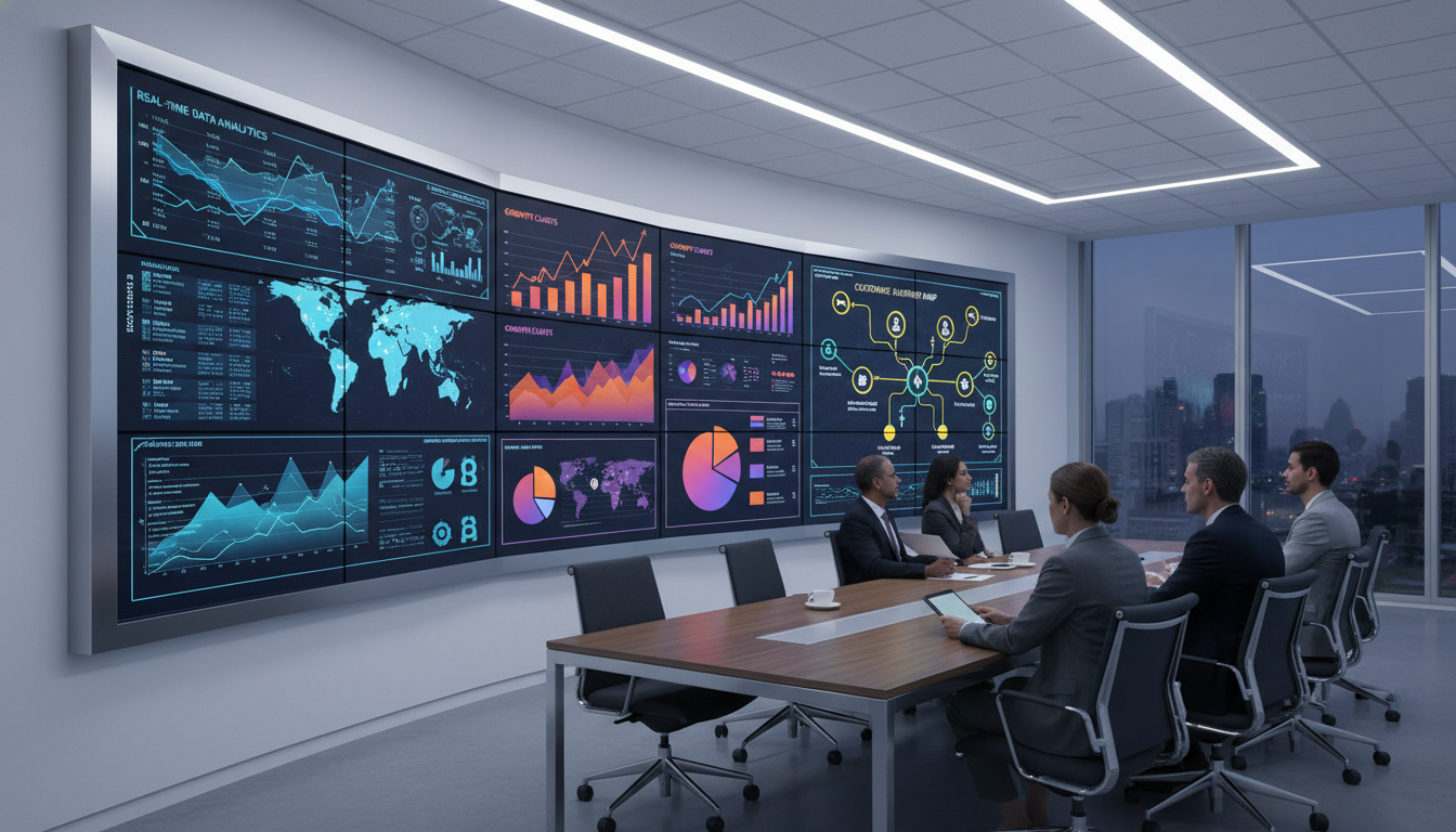 A professional high-tech corporate office setting with a large wall-mounted dashboard showing real-time data analytics, growth charts, and customer journey maps on sleek digital screens.