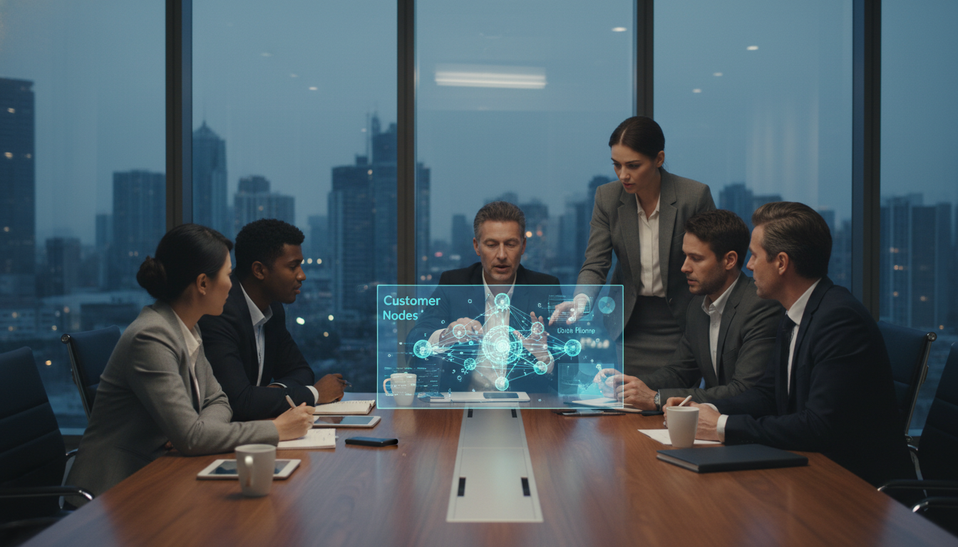 A diverse team of business professionals collaborating in a modern glass-walled conference room, interacting with a futuristic holographic display showing interconnected customer nodes and data flows.
