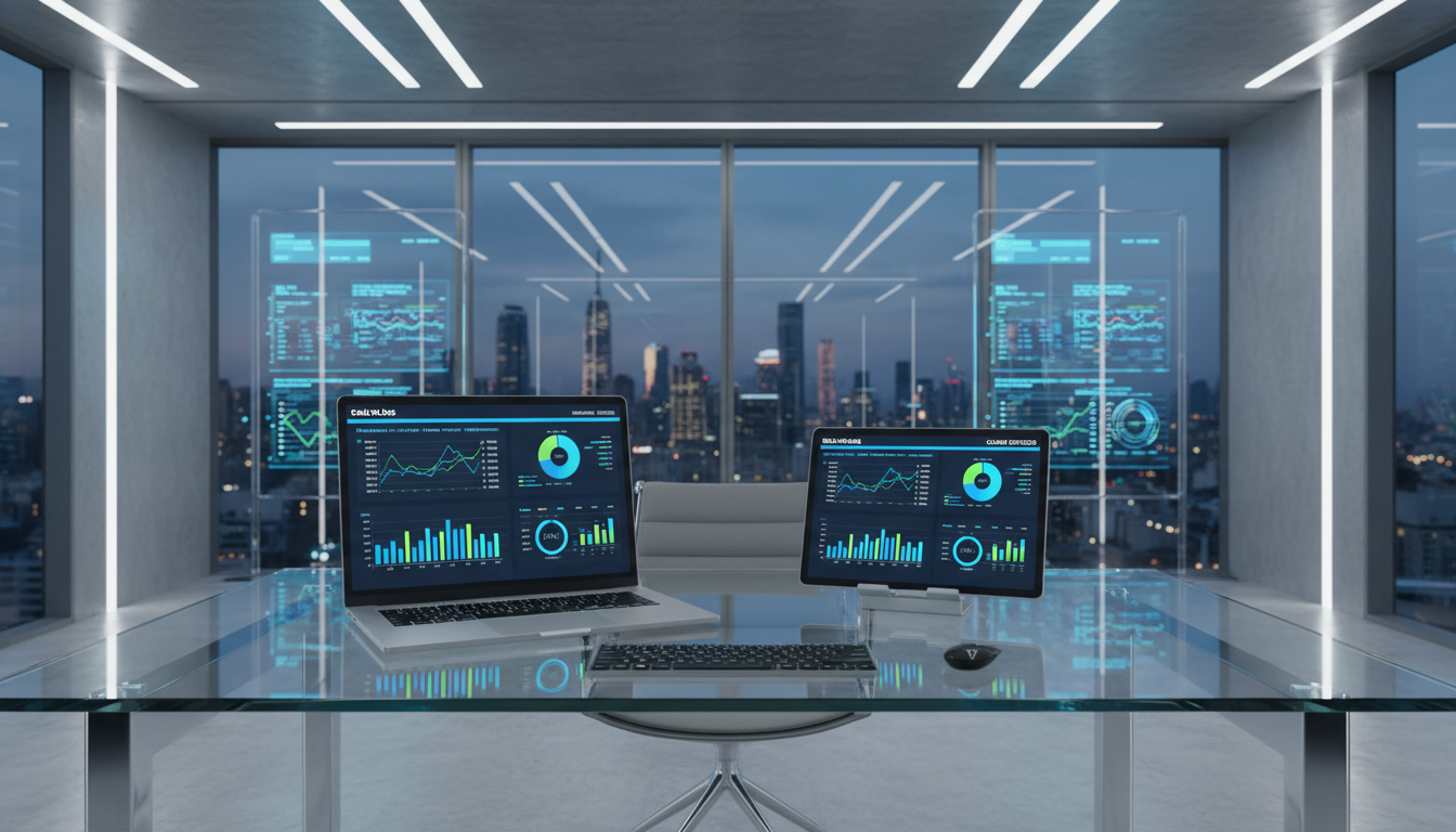 A high-tech professional office setting with a glass desk, featuring a laptop and a tablet displaying synchronized cloud-based sales analytics and customer growth charts, symbolizing a seamless digital workflow.