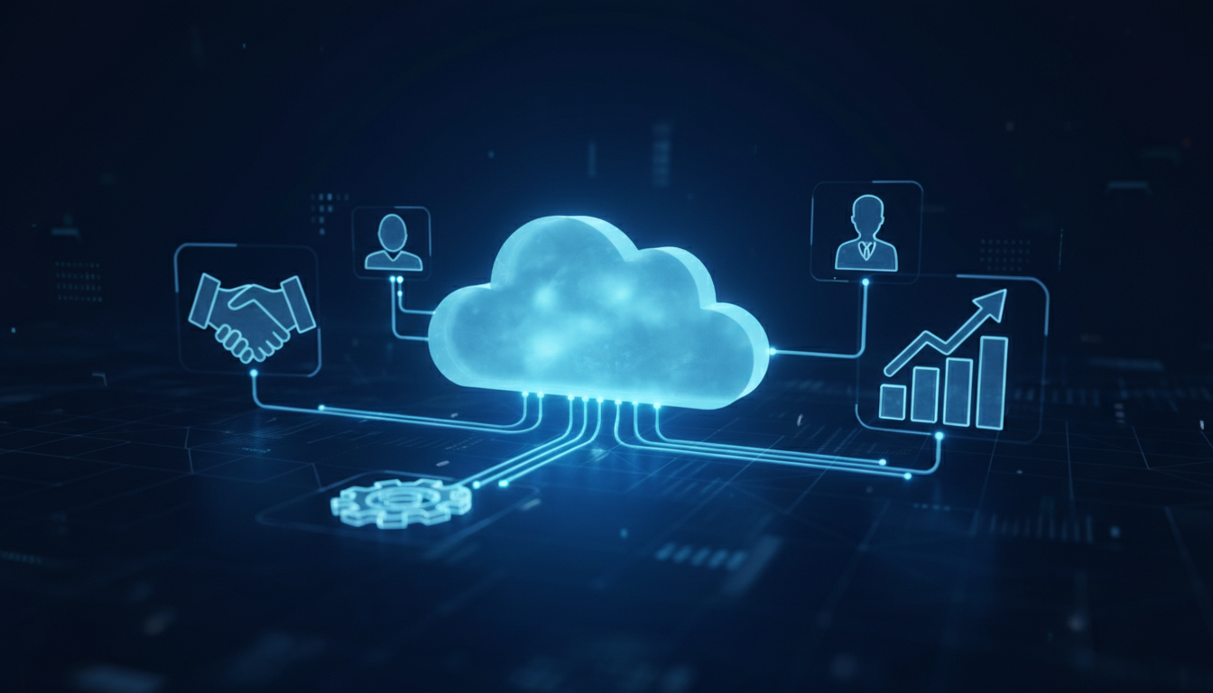 A conceptual 3D illustration of a glowing blue cloud connected by digital lines to various icons representing business tools: a handshake, a gear for automation, a bar graph for analytics, and a user profile, against a dark, professional background.