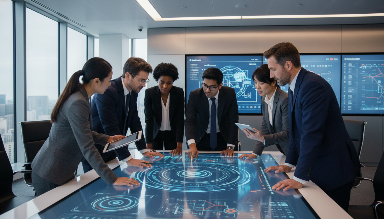 A professional team of diverse business executives in a modern boardroom collaborating around a large interactive touch-screen table displaying complex data visualizations and customer journey maps.