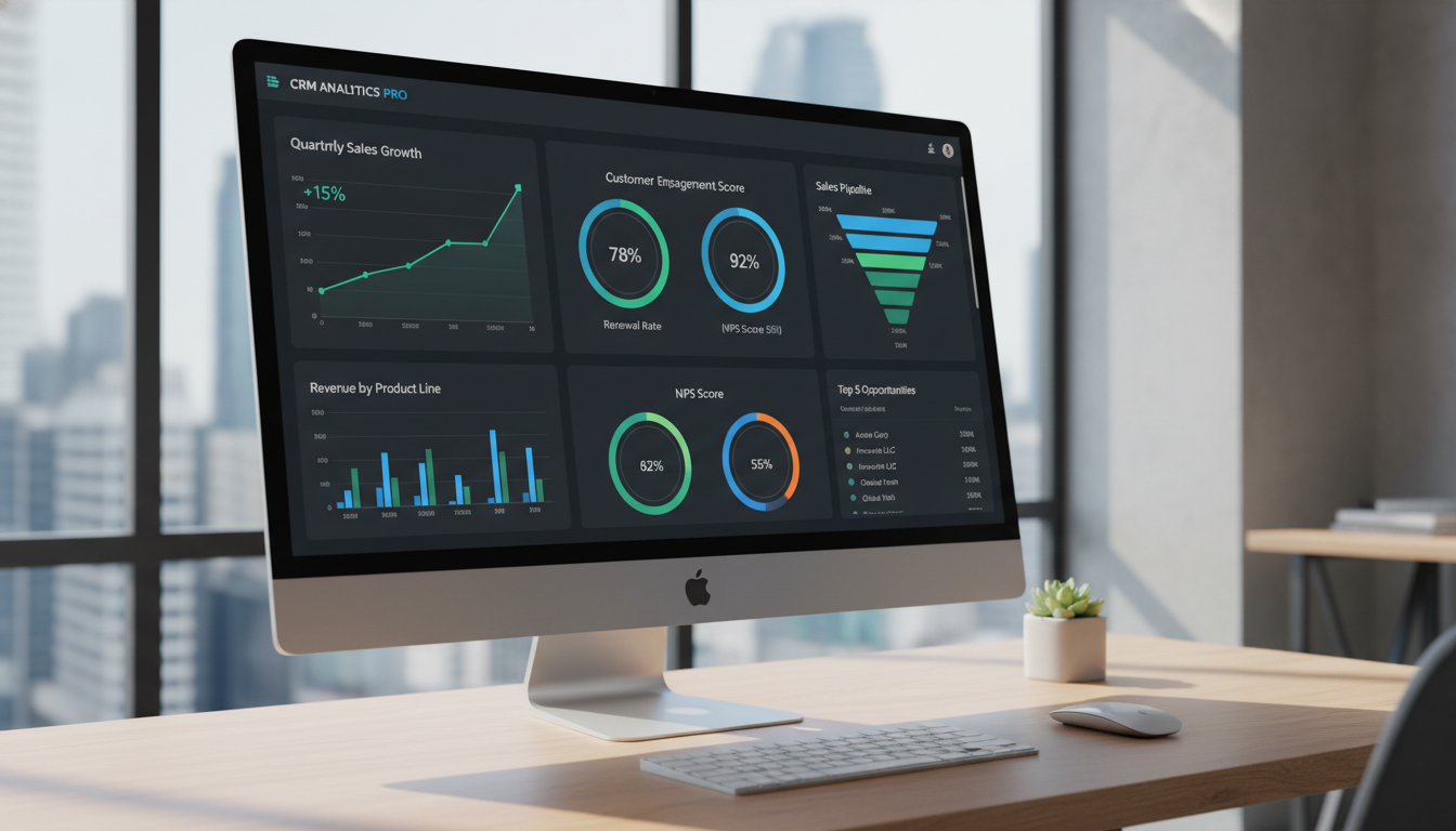 A professional dashboard of a modern CRM software displaying sales growth charts, customer engagement metrics, and a pipeline visualization on a clean, high-resolution monitor.