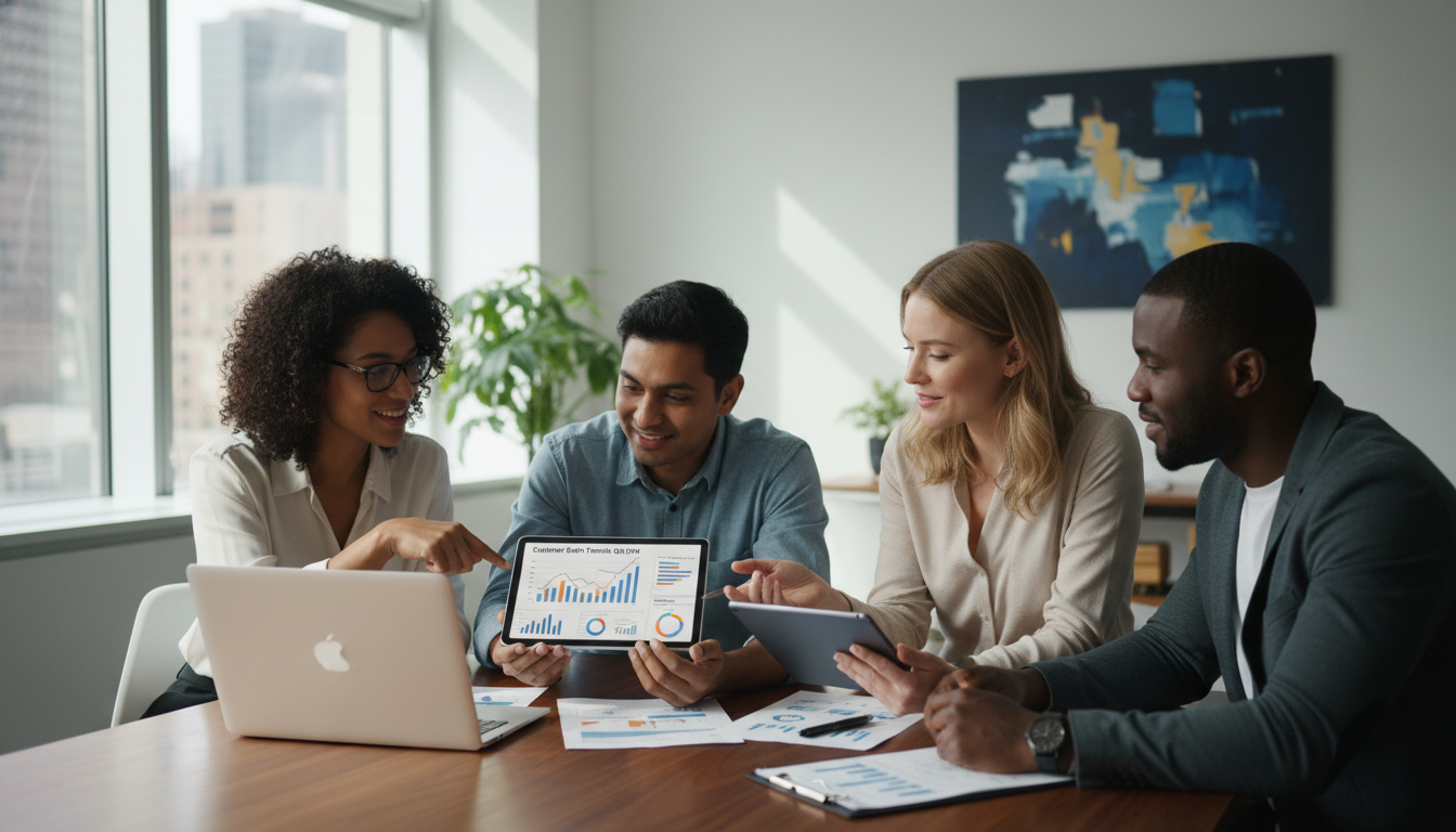 A diverse team of small business professionals in a bright, modern office, collaborating around a laptop and a tablet to analyze customer data trends.