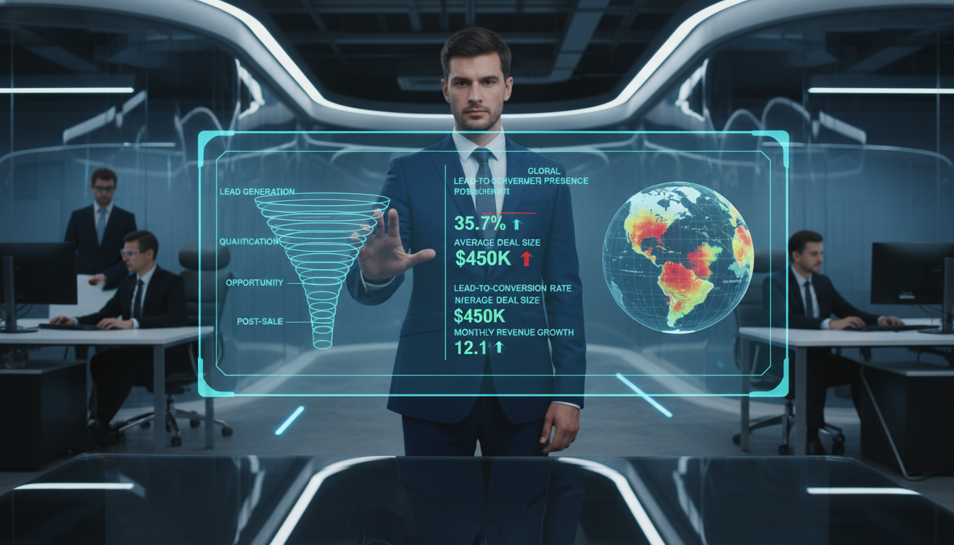 A professional high-tech office environment featuring a data analyst interacting with a large holographic interface showing a complex sales funnel, lead conversion metrics, and global customer heatmaps, hyper-realistic, 8k resolution.