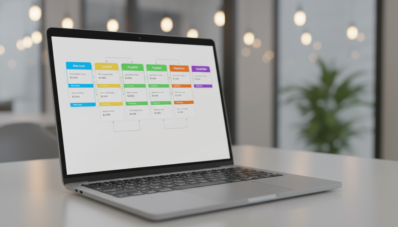 A minimalist and clean digital dashboard layout on a laptop screen, displaying a vibrant and organized sales pipeline with various stages like 'New Lead', 'Qualified', and 'Negotiation', soft professional lighting, bokeh background.
