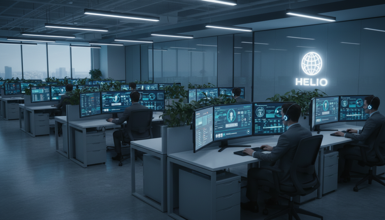 A high-tech corporate office setting where a customer support team uses advanced software on multiple monitors, showing data visualizations, chat interfaces, and customer profiles in a professional blue-toned atmosphere.