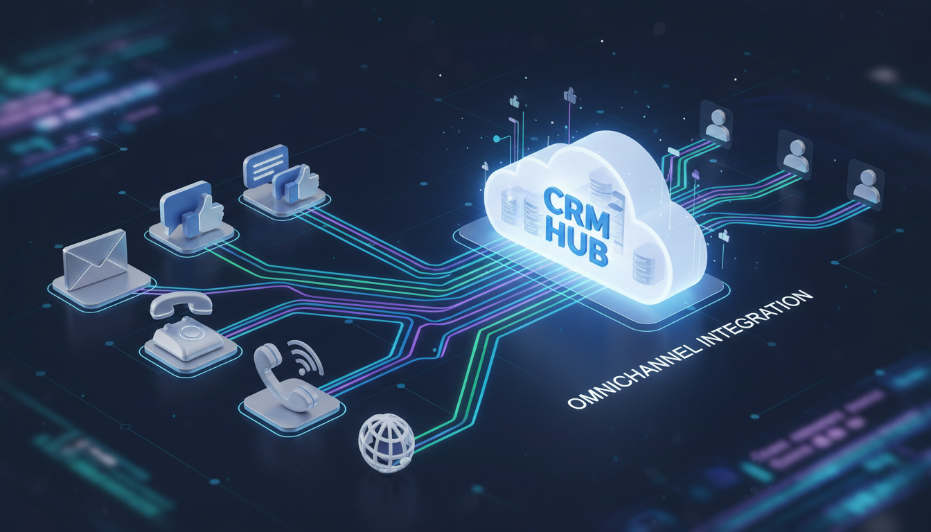 A detailed 3D infographic showing various digital channels like email, social media, and phone icons converging into a central cloud-based CRM hub, symbolizing omnichannel integration.