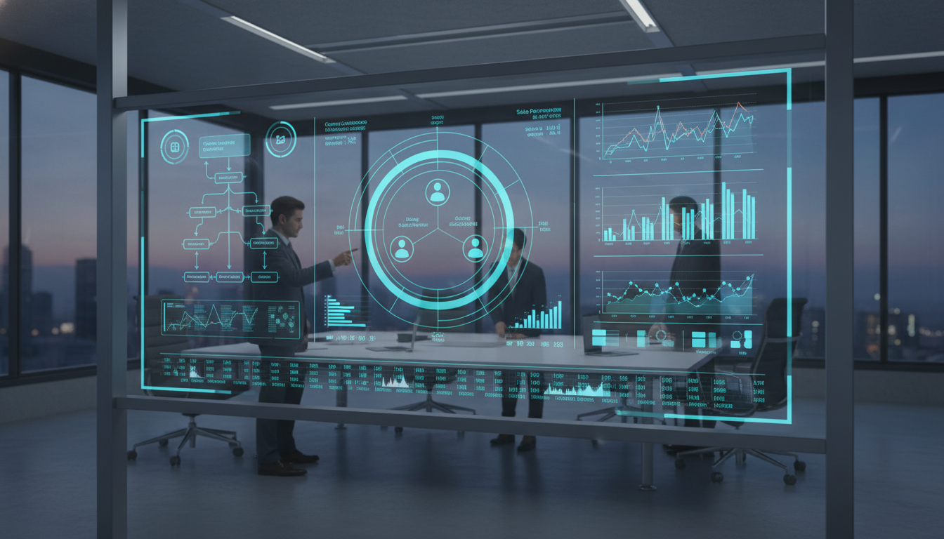 A high-tech digital dashboard in a professional corporate setting, displaying complex data visualizations, customer segmentation charts, and interconnected marketing workflow diagrams on a large glass screen.