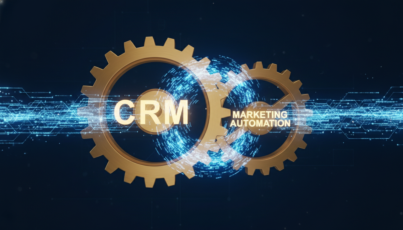 A conceptual 3D illustration of two large golden gears interlocking perfectly; one gear is labeled 'CRM' and the other 'Marketing Automation', with glowing data streams flowing between them in a dark, professional blue background.