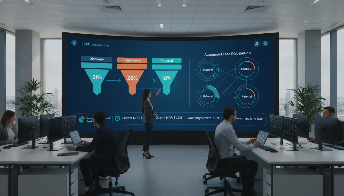 A professional office setting showing a high-tech digital dashboard on a large screen displaying complex sales funnel analytics, automated lead distribution charts, and real-time performance metrics in a sleek corporate environment.