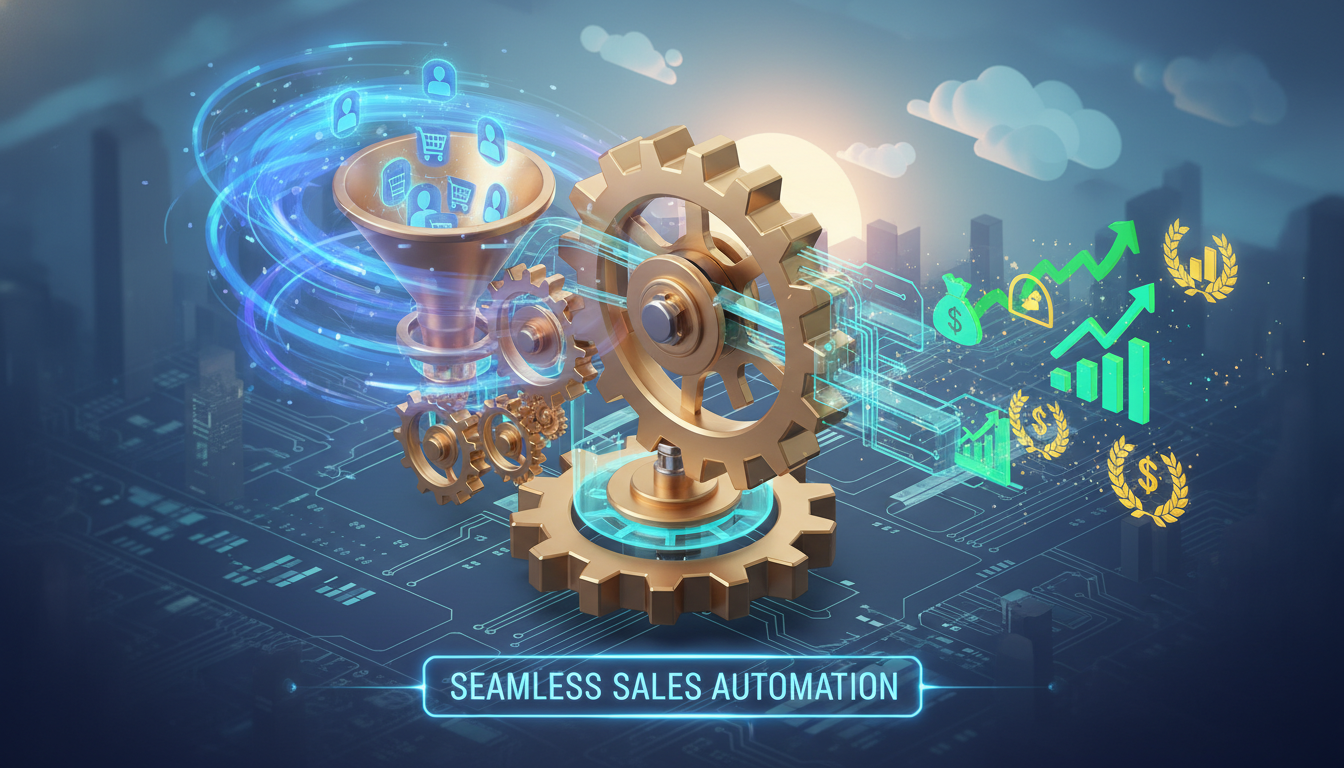 A conceptual 3D isometric illustration showing a gear system integrated with digital data streams where customer profiles flow into a machine and emerge as successful business growth icons, representing seamless sales automation.
