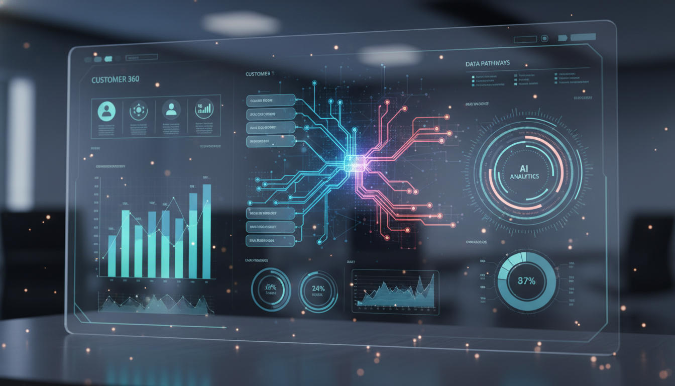 A sophisticated digital interface of an AI-powered CRM dashboard showing complex data visualizations, 3D bar charts, and glowing neural network connections representing customer data pathways.