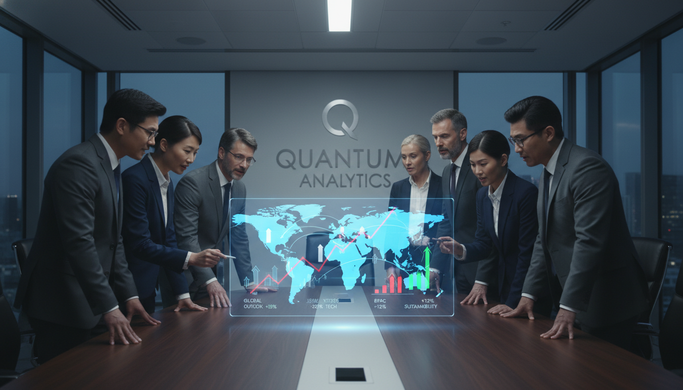 A professional corporate setting where a diverse group of executives is looking at a high-tech holographic projection of a global market map with AI-generated predictive growth icons.